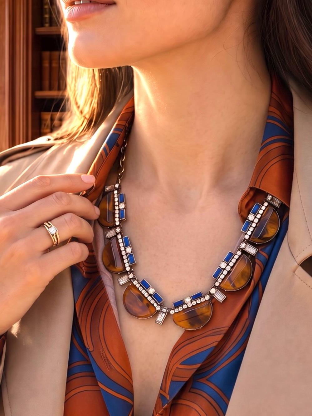 Baublebar Tortoiseshell and Blue Enamel Art Deco Style Statement Necklace